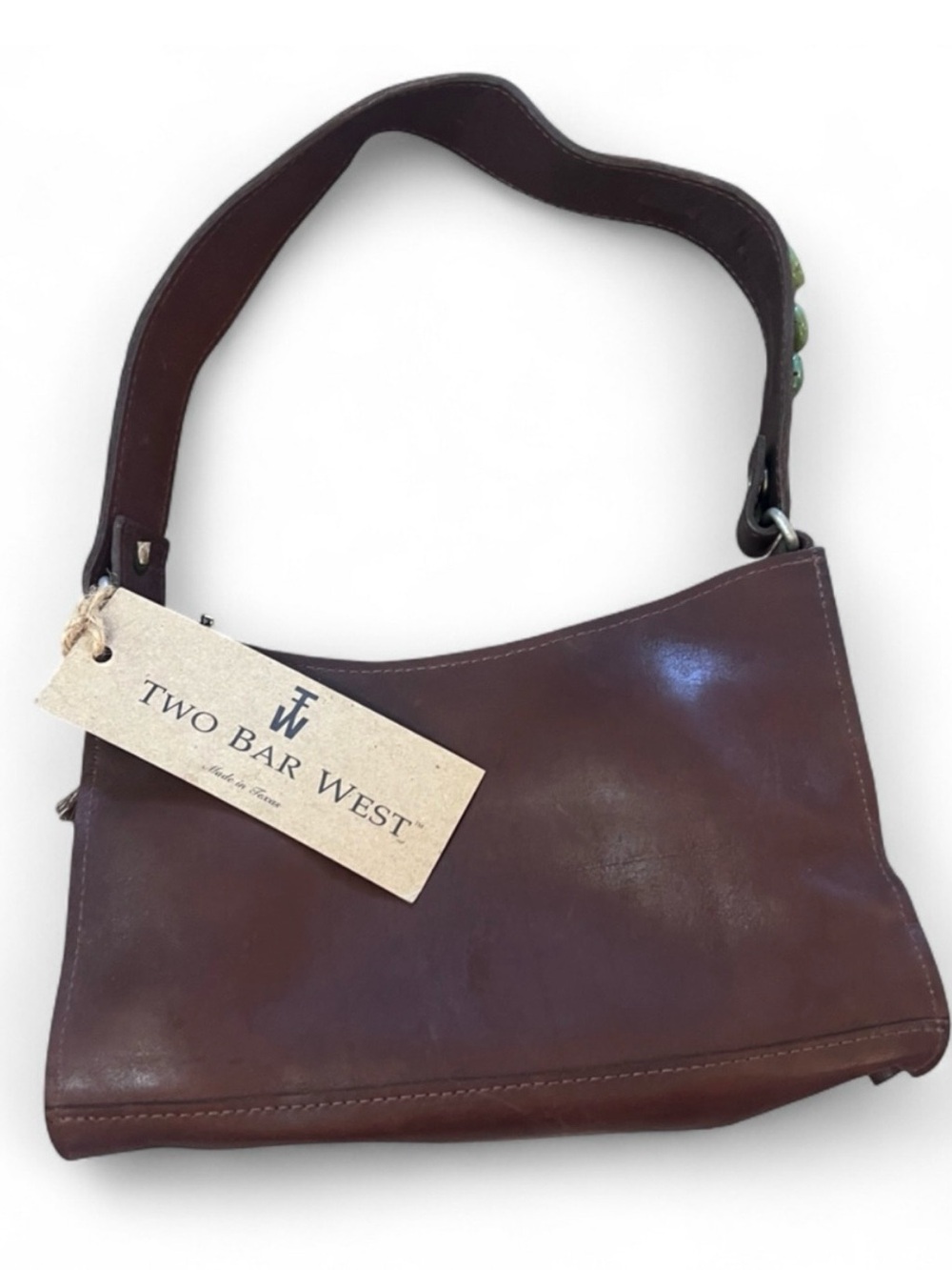 TWO BAR WEST Brown Leather Shoulder Bag Turquoise Studded Strap NWT